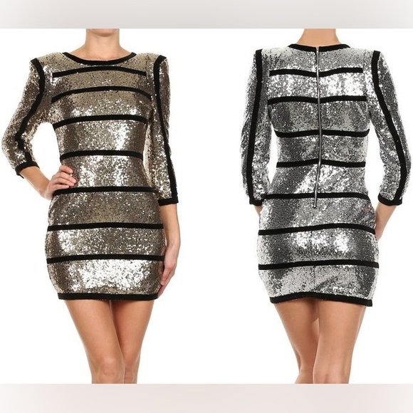 Stunning Black and Gold Sequin Long Sleeve Dress - Picture 2 of 5